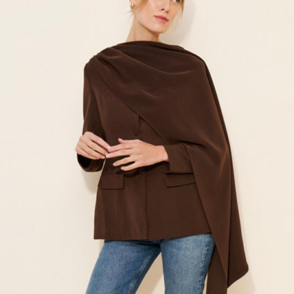 Brown cape blazer with draped front and long sleeves